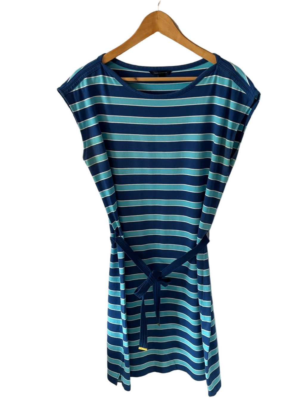 Tommy Hilfiger Striped Cap Sleeve Blue Boatneck Belted T-Shirt Dress L Preppy